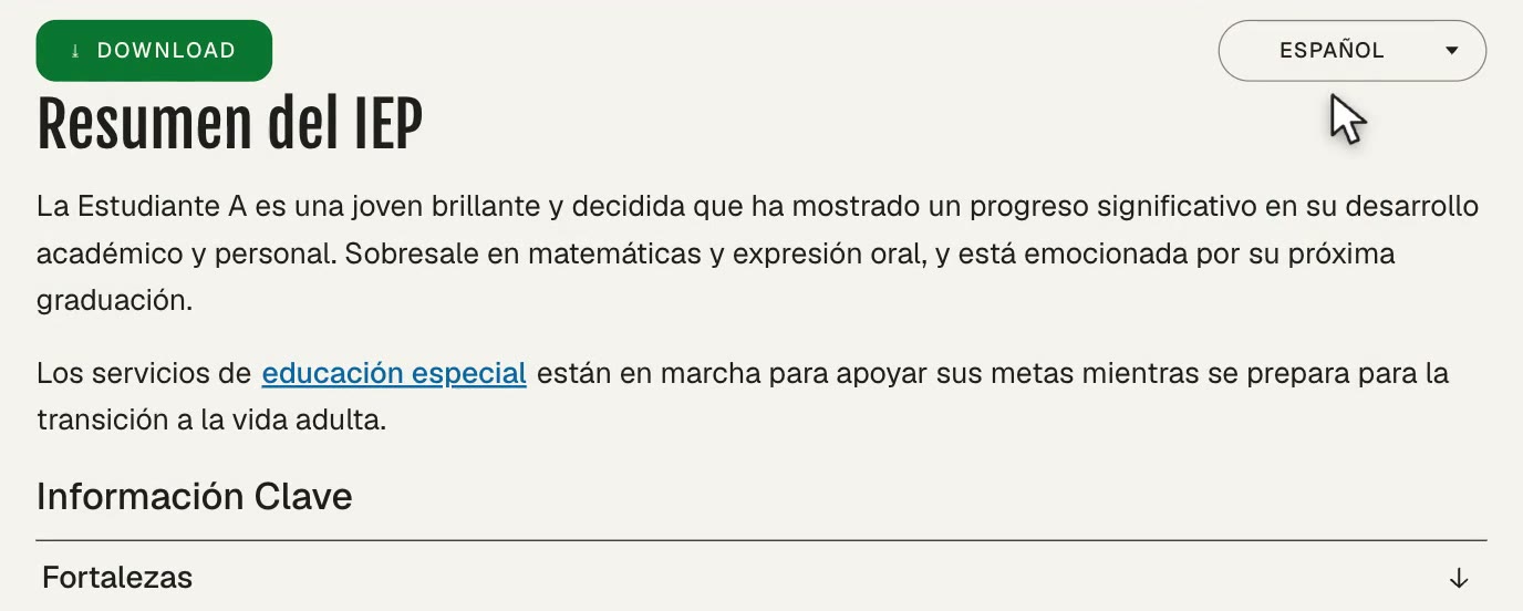The same A‑IEP summary switched to Spanish: the heading reads Resumen del IEP and the section reads Información Clave.