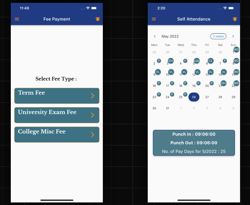 Acharya ERP fee payment screen offering Term Fee, University Exam Fee and College Misc Fee, beside a staff self-attendance calendar with punch in and punch out times.