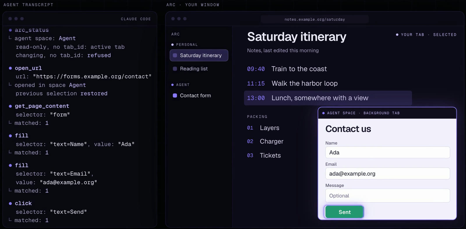 A frame from the arc-control-mcp film after the agent has filled and submitted a contact form. The transcript lists get_page_content, two fill calls and a click, and the Agent space tab shows the form with a green Sent button.