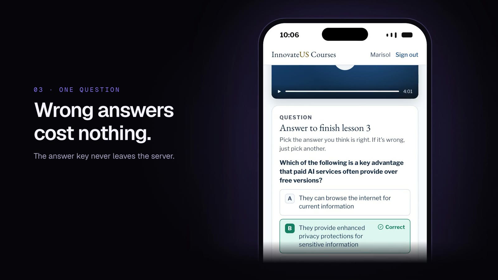 The one-question quiz on a phone for lesson 3, with four answer choices and option B marked Correct in green.
