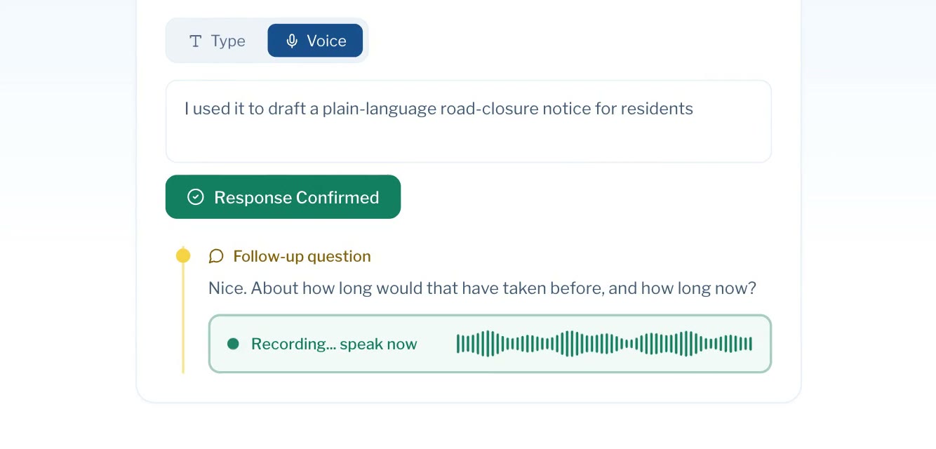 Public Voice after the answer is confirmed. A single follow-up question appears below it, with a second recording box ready.