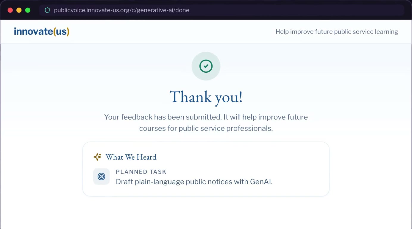Public Voice thank-you page with a green check and a What We Heard card summarizing the planned task.