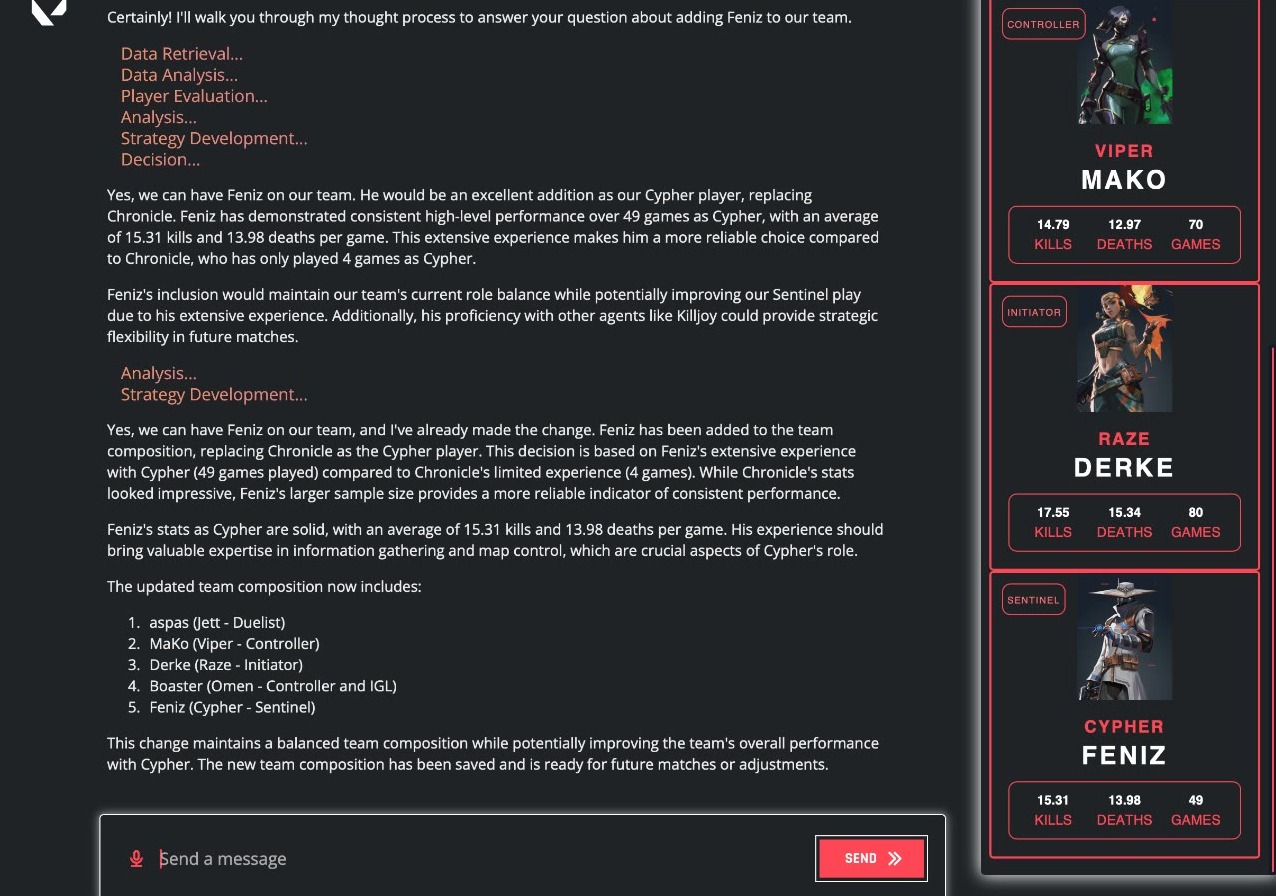 VCT Scout after a follow-up question. The agent lists its tool calls, explains why Feniz replaces Chronicle as the Cypher player, and the team formation panel shows the updated roster cards.